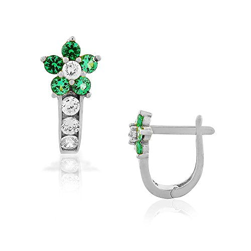 925 Sterling Silver White Green Emerald-Tone CZ Flower Hoop Huggie Small Earrings
