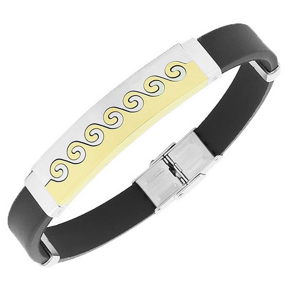 Stainless Steel Black Rubber Silicone Two-Tone Surfing Waves Mens Bracelet