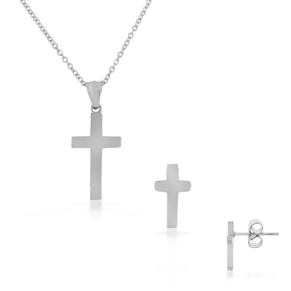Stainless Steel Silver-Tone Cross Stud Earrings Necklace Pendant Set