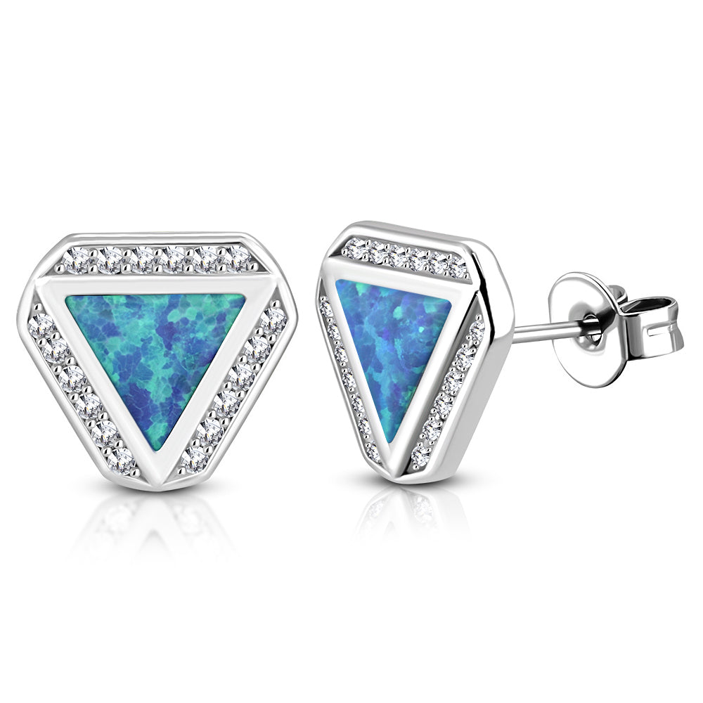 925 Sterling Silver White Clear CZ Blue Simulated Opal Oval Stud Earrings, 0.45"