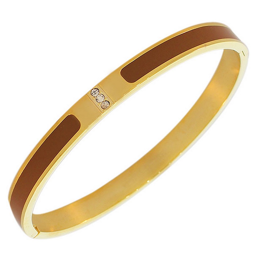 Stainless Steel Yellow Gold-Tone Brown Enamel White CZ Oval-Shape Bangle Bracelet
