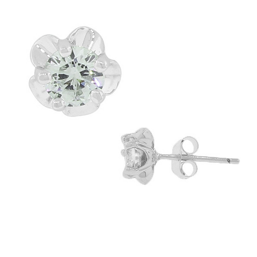 Sterling Silver White CZ Flowers Stud Earrings