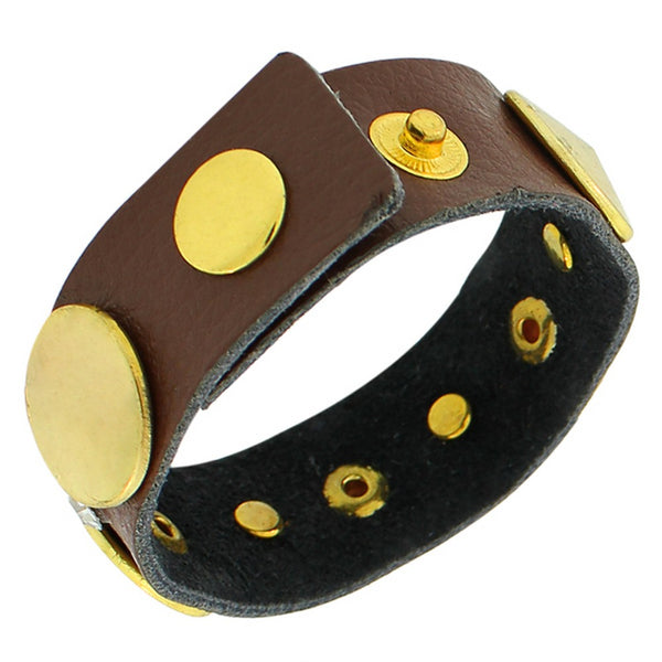Faux Brown Leather Yellow Gold-Tone White CZ Wristband Wrap Bracelet