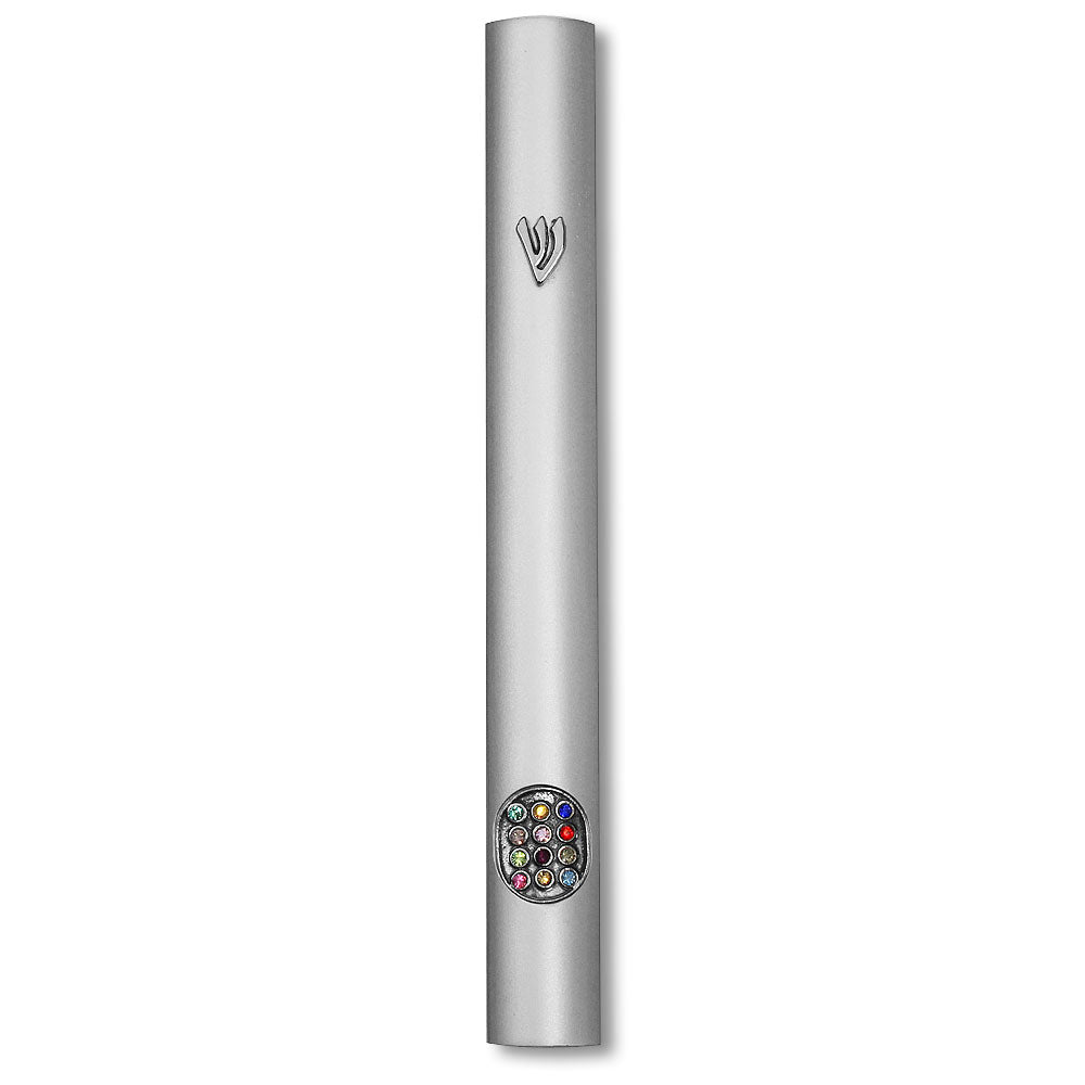 Aluminum Silver-tone Classic Mezuzah Case Attached Shin Hoshen Multicolor CZ, 6" Aluminum Silver-tone Classic Mezuzah Case Attached Shin Hoshen Multicolor CZ, 6"