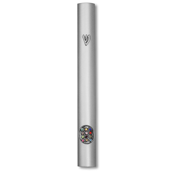 Aluminum Silver-Tone Classic Mezuzah Case Attached Shin Hoshen Multicolor CZ, 6"