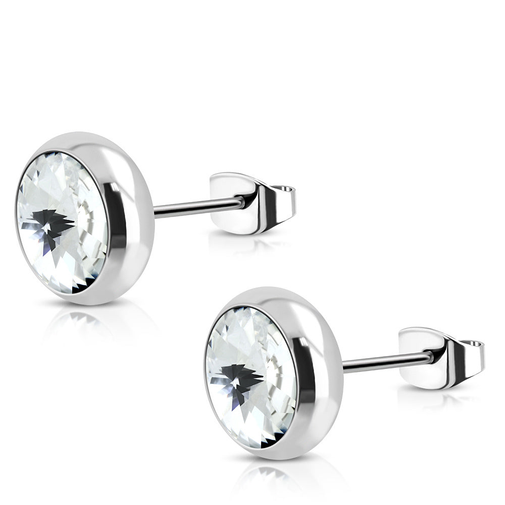 Stainless Steel Silver-Tone Clear White CZ Round Stud Earrings, 0.30"