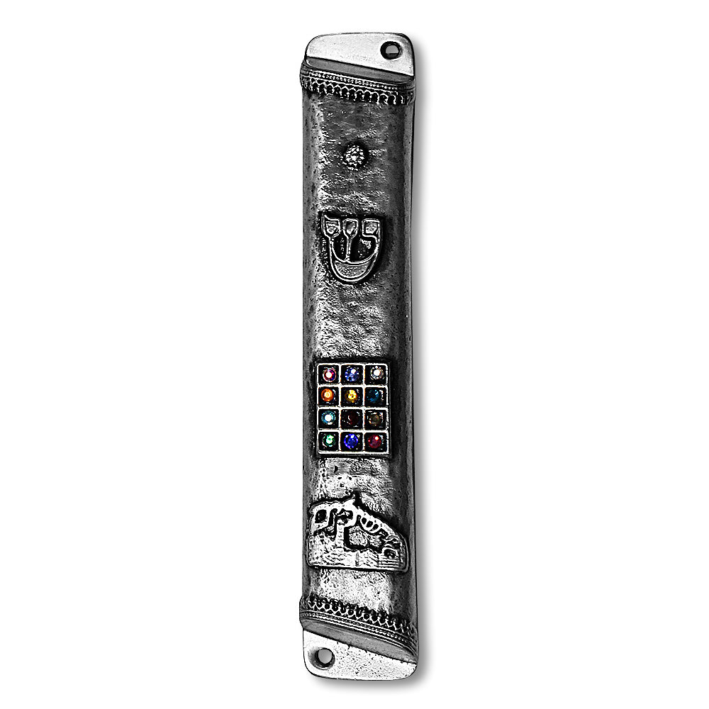 Metal Gray Silver-Tone 12 Tribes Multicolor CZ Mezuzah Case, 6" - Made in Israel