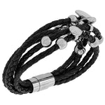 Fashion Alloy Black Faux PU Leather Silver-Tone Multi-Row Layer Bracelet