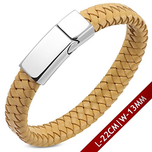 Stainless Steel Light Brown Leather Silver Mens Braided Bracelet