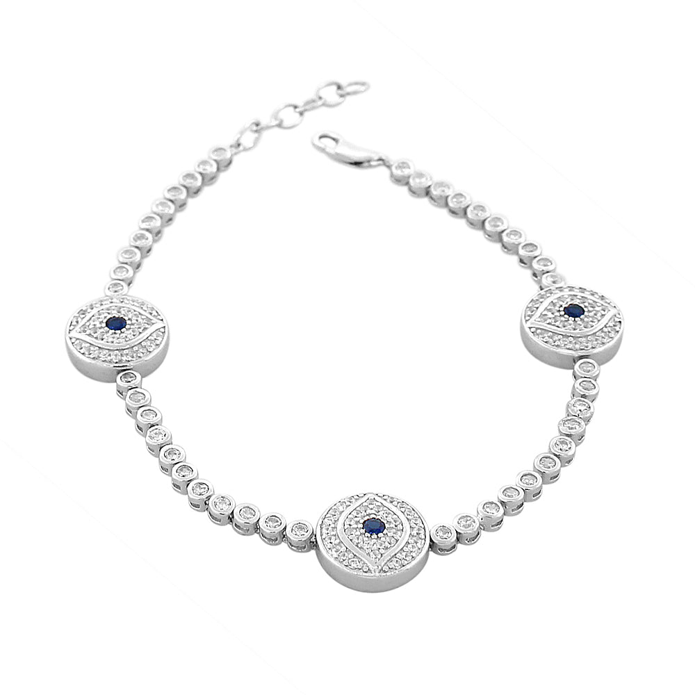 925 Sterling Silver White Blue Bezel-Set CZ Hamsa Evil Eye Womens Tennis Bracelet