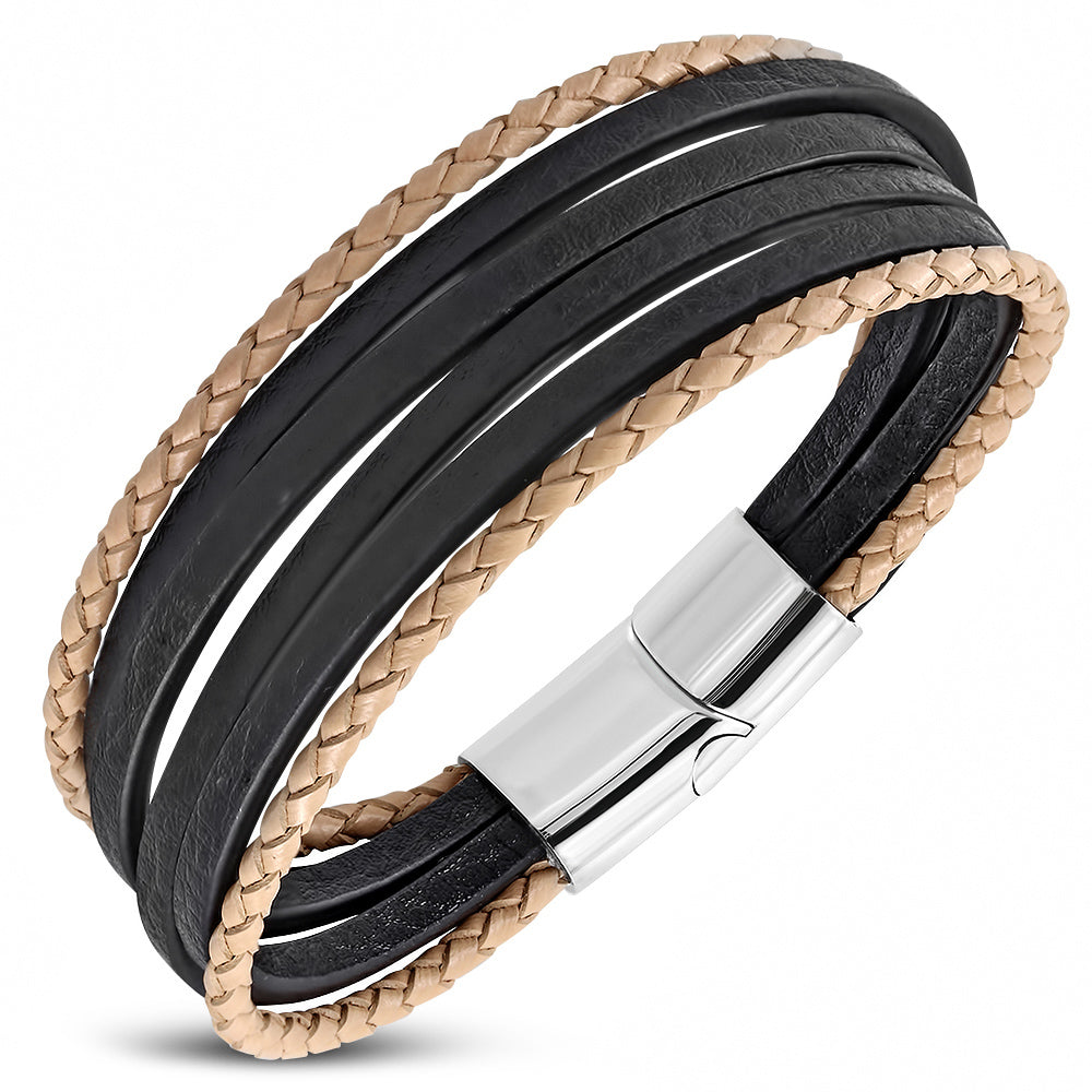 Stainless Steel Silver-Tone Black Faux Leather White Rope Wristband Layer Bracelet, 8"