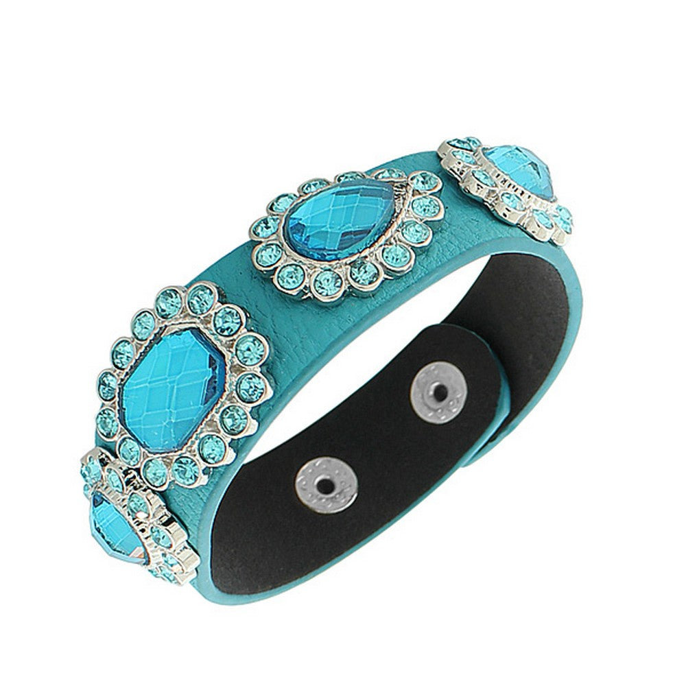 Faux Blue Leather Silver-Tone CZ Snap Wristband Womens Bangle Bracelet