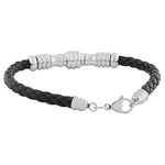 Stainless Steel Black Leather Silver-Tone Mens Bracelet