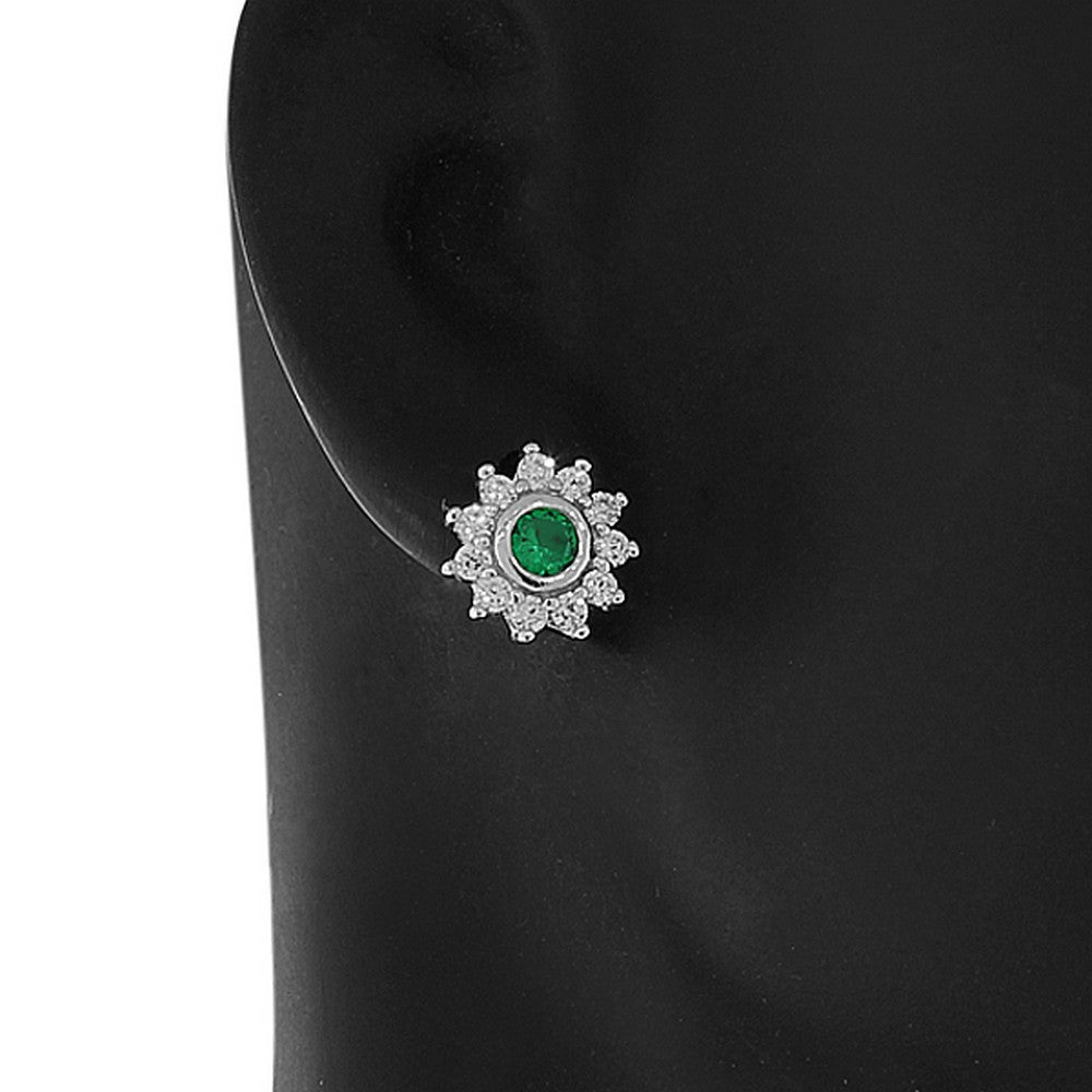 925 Sterling Silver Green CZ Womens Flower Floral Design Stud Earrings