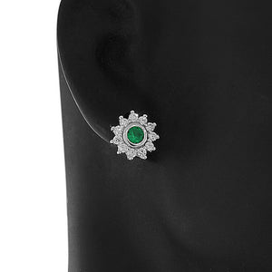 925 Sterling Silver Green CZ Womens Flower Floral Design Stud Earrings