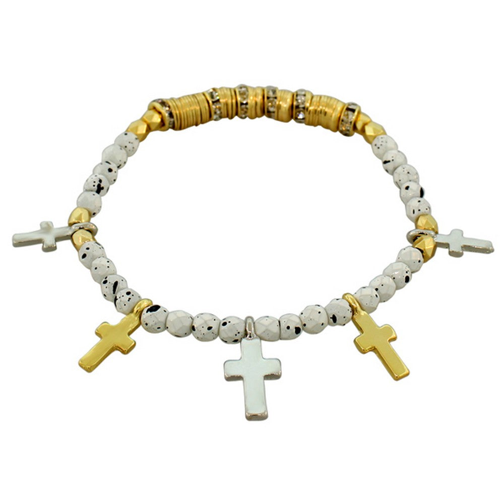 Fashion Alloy Silver-Tone Latin Cross Religious Stretch Beaded Bracelet