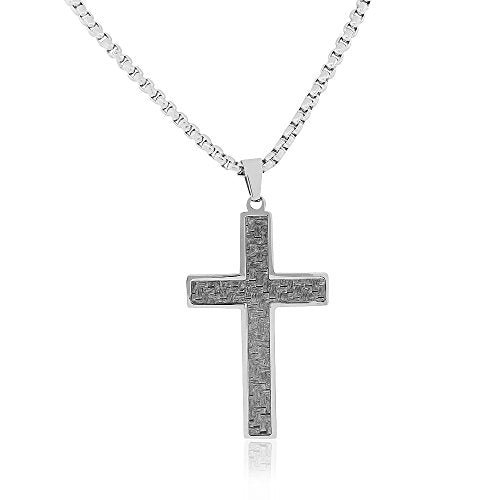 Stainless Steel Silver Carbon Fiber Statement Cross Necklace