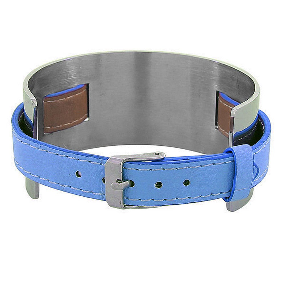 Blue Faux Leather Stainless Steel Silver-Tone Wristband Womens Wrap Bracelet