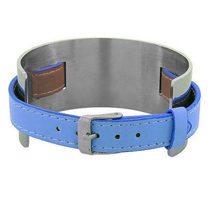 Blue Faux Leather Stainless Steel Silver-Tone Wristband Womens Wrap Bracelet