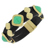Fashion Alloy Black Faux PU Leather Yellow Gold-Tone Green Wristband Bracelet