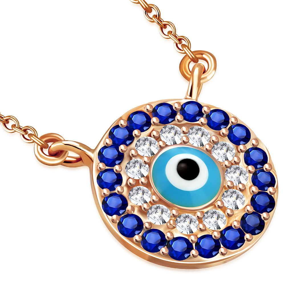 Rose Gold-Tone Evil Eye Hamsa White Blue CZ Womens Pendant Necklace