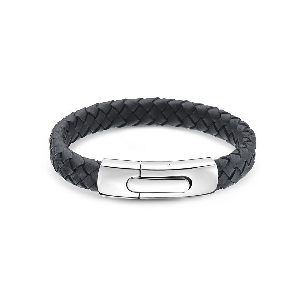 My Daily Styles Mens Black Genuine Leather Bracelet with Stainless Steel Magnetic Button Lock 8.5"