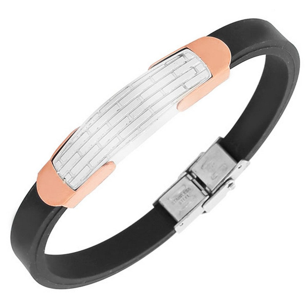 Stainless Steel Black Rubber Silicone Rose Gold-Tone Silver-Tone Men's Bangle Bracelet
