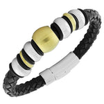 Stainless Steel Black Leather Two-Tone Men's Bracelet