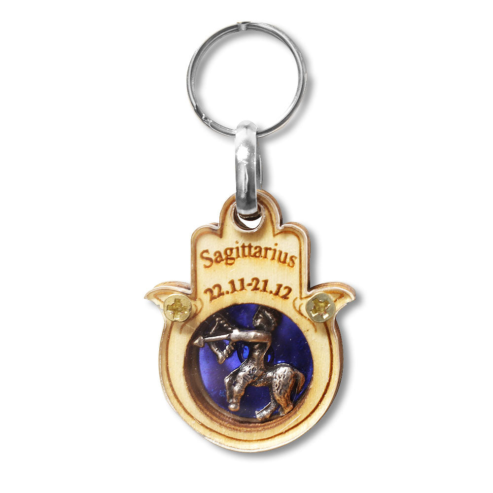 Wooden Good Luck Hamsa Hand Key Chain Keychain Zodiac Sign - Sagittarius - Made in Israel