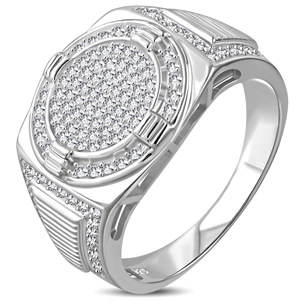 My Daily Styles 925 Sterling Silver Men's Silver-Tone Micro Pave White CZ Stone Circular Signet Style Ring with Band Detail