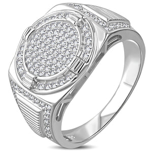 My Daily Styles 925 Sterling Silver Men's Silver-Tone Micro Pave White CZ Stone Circular Signet Style Ring with Band Detail