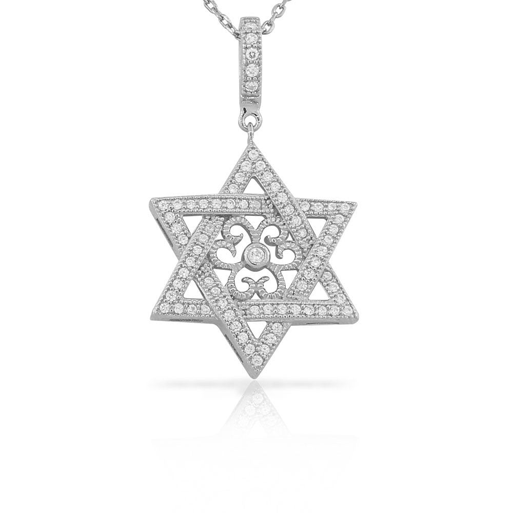 Gold Filigree and Cubic Zirconia Star of David Necklace Pendant Sterling Silver