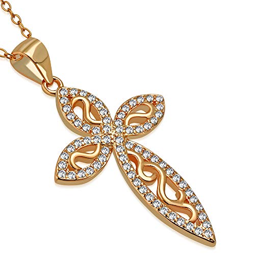Rose Gold Filigree Pear Cross Necklace Sterling Silver Cubic Zirconia