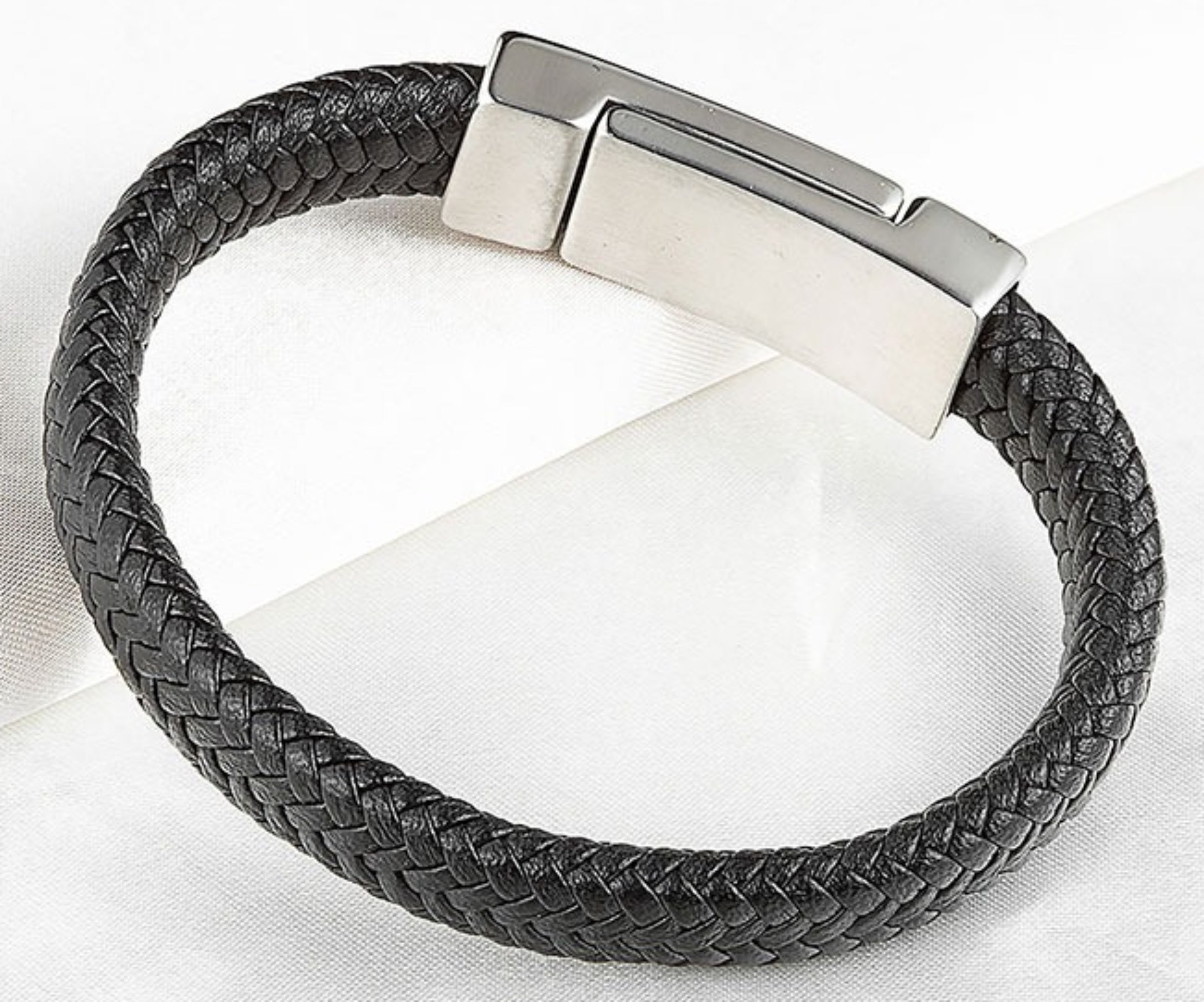My Daily Styles Mens Black Genuine Braided Leather Bracelet with Stainless Steel Gothic Magnetic Lock 8.5"