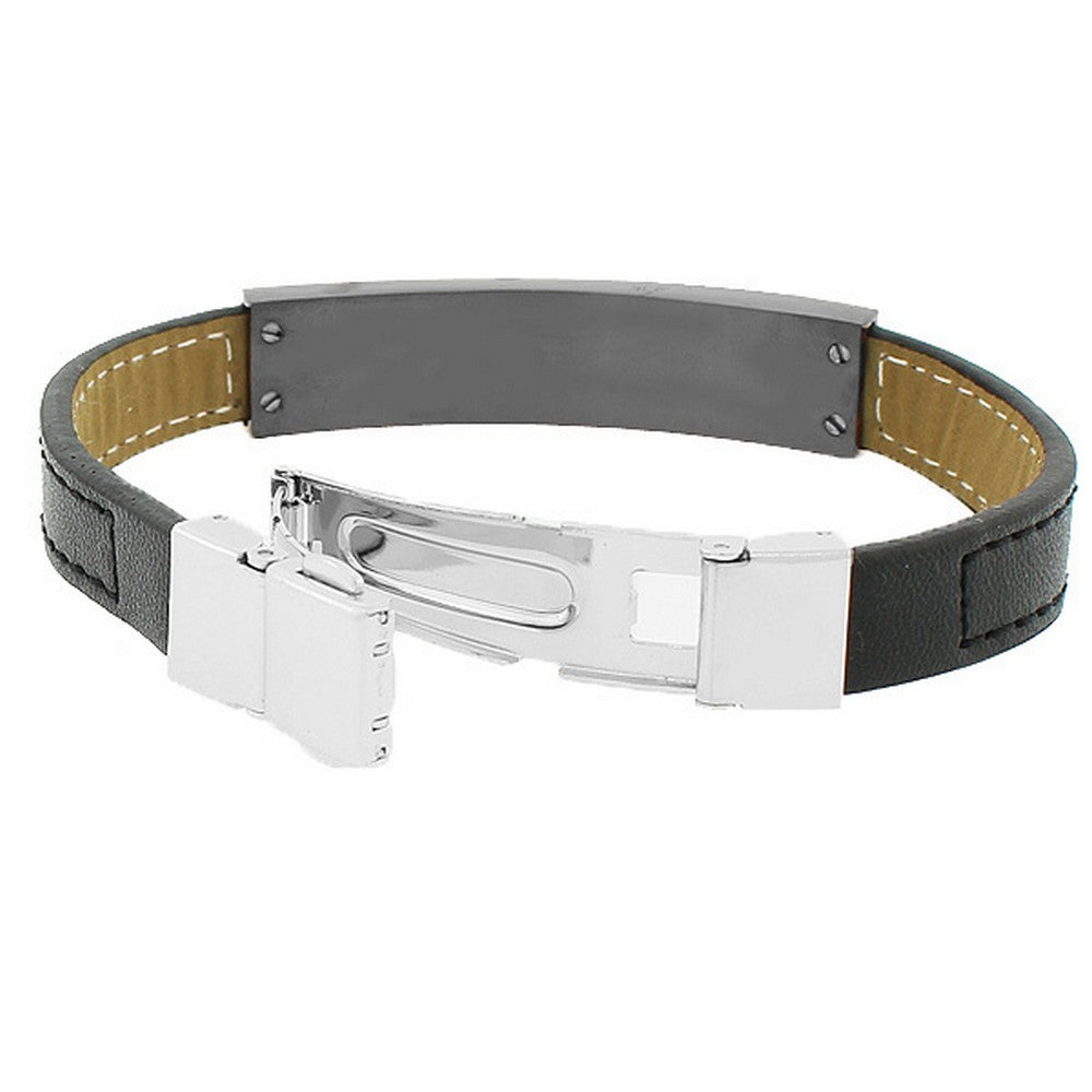Stainless Steel Black Leather Silver-Tone Men's Bracelet