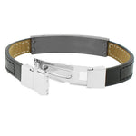 Stainless Steel Black Leather Silver-Tone Men's Bracelet