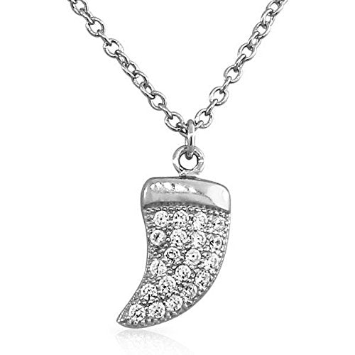 925 Sterling Silver White Clear CZ Italian Horn Pendant Necklace