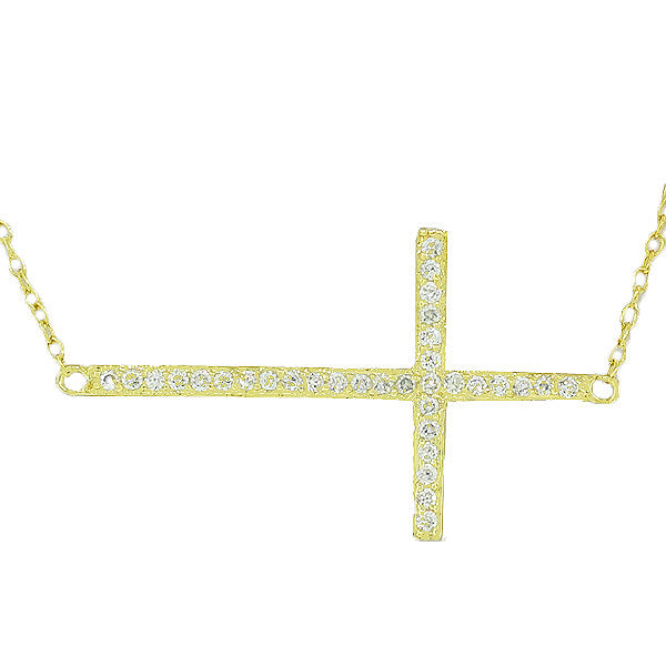 925 Sterling Silver Gold-Tone Sideways Cross White CZ Necklace Bracelet Set