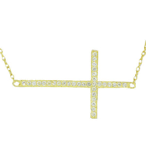 925 Sterling Silver Gold-Tone Sideways Cross White CZ Necklace Bracelet Set