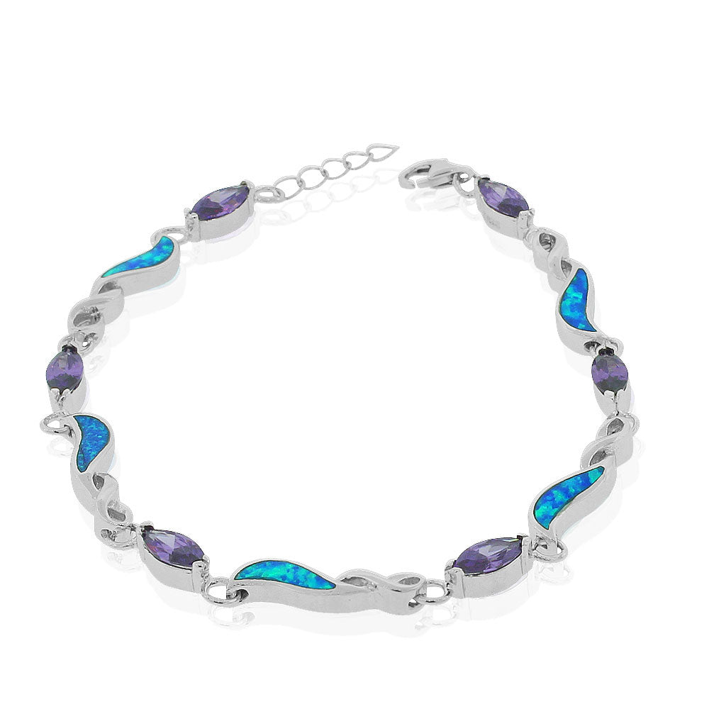 925 Sterling Silver Simulated Blue Opal Purple Amethyst-Tone Marquise-Shape CZ Infinity Tennis Bracelet