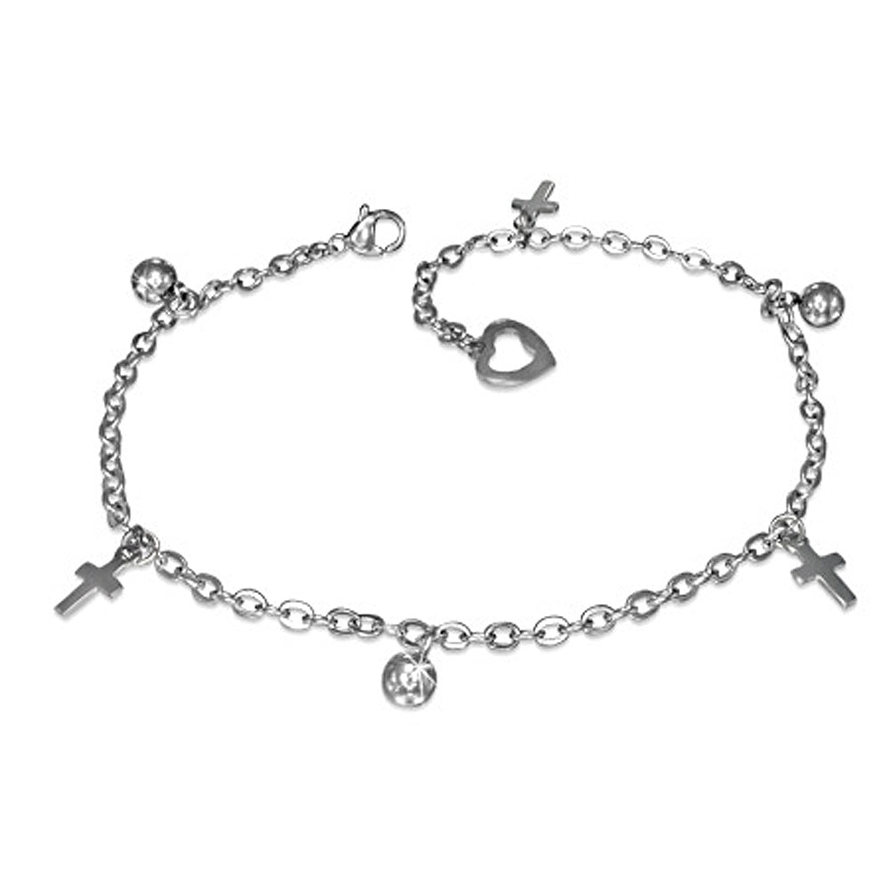Stainless Steel Silver-Tone Religious Cross Anklet Bracelet
