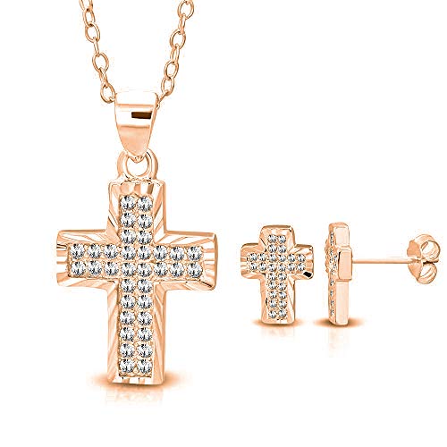 925 Sterling Silver Yellow Gold-Tone White Clear CZ Religious Cross Pendant Stud Earrings Set