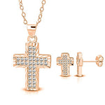 925 Sterling Silver Yellow Gold-Tone White Clear CZ Religious Cross Pendant Stud Earrings Set