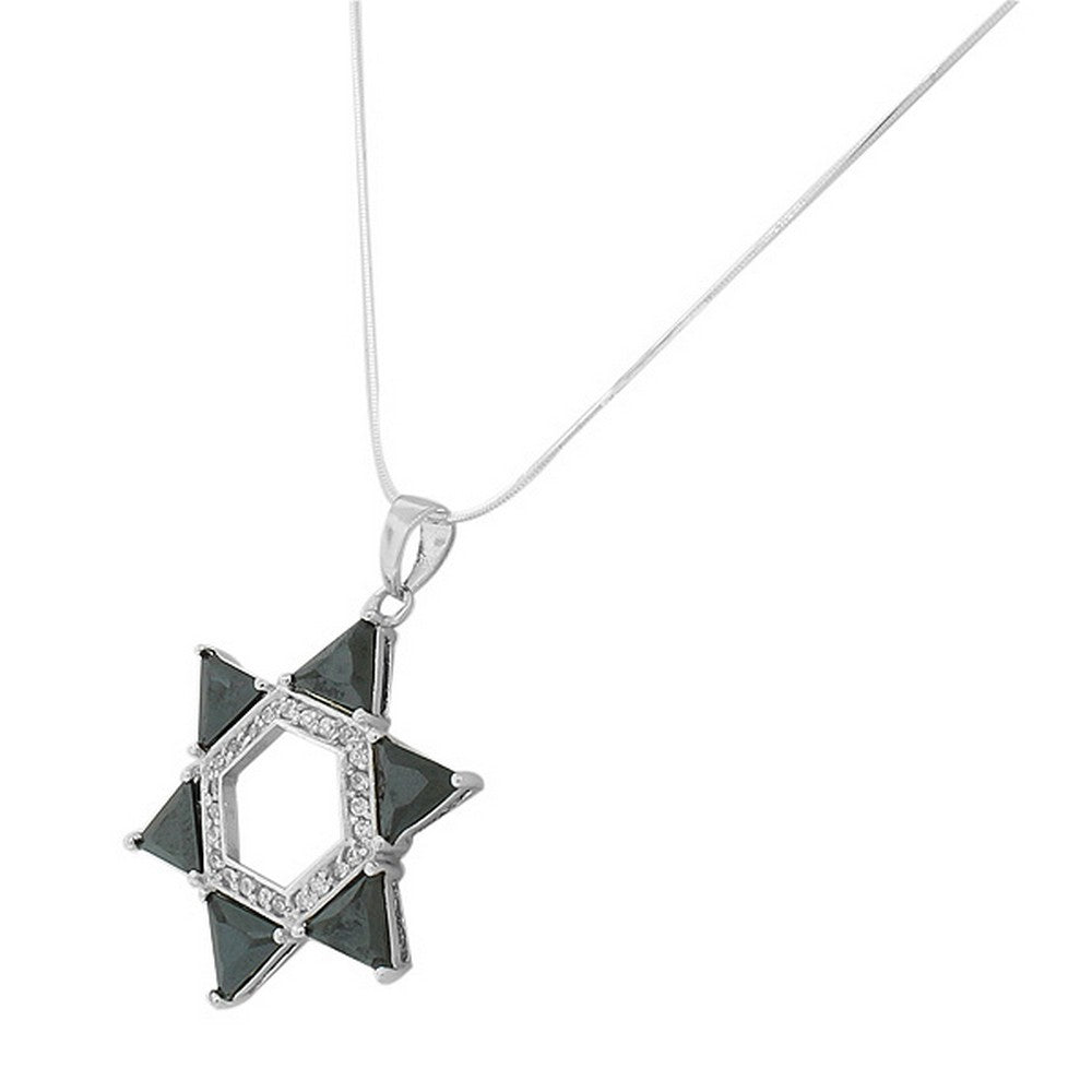 925 Sterling Silver Jewish Large Star David Black White Pendant Necklace