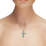 925 Sterling Silver Simulated Blue Opal Clear CZ Religious Cross Pendant Necklace
