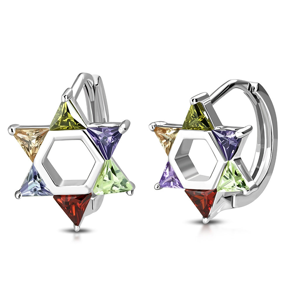 925 Sterling Silver Clear Multicolor CZ Jewish Star of David Hoop Huggie Earrings