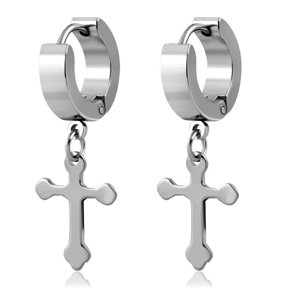 Dainty Dangle Huggies Religious Cross Stainless Steel Earrings, 1.25"