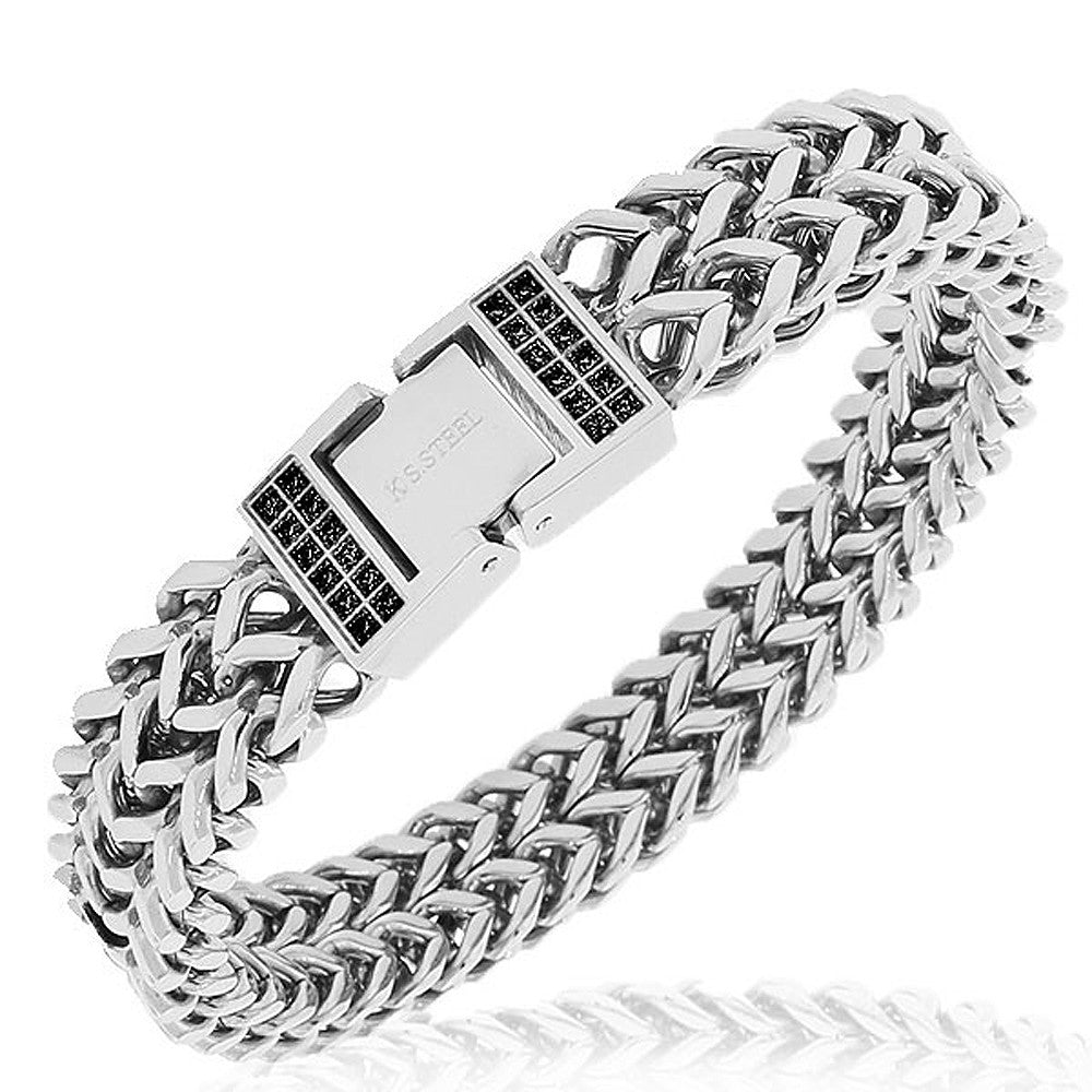 Stainless Steel Silver-Tone White CZ Double Wheat Chain Men's Bracelet
