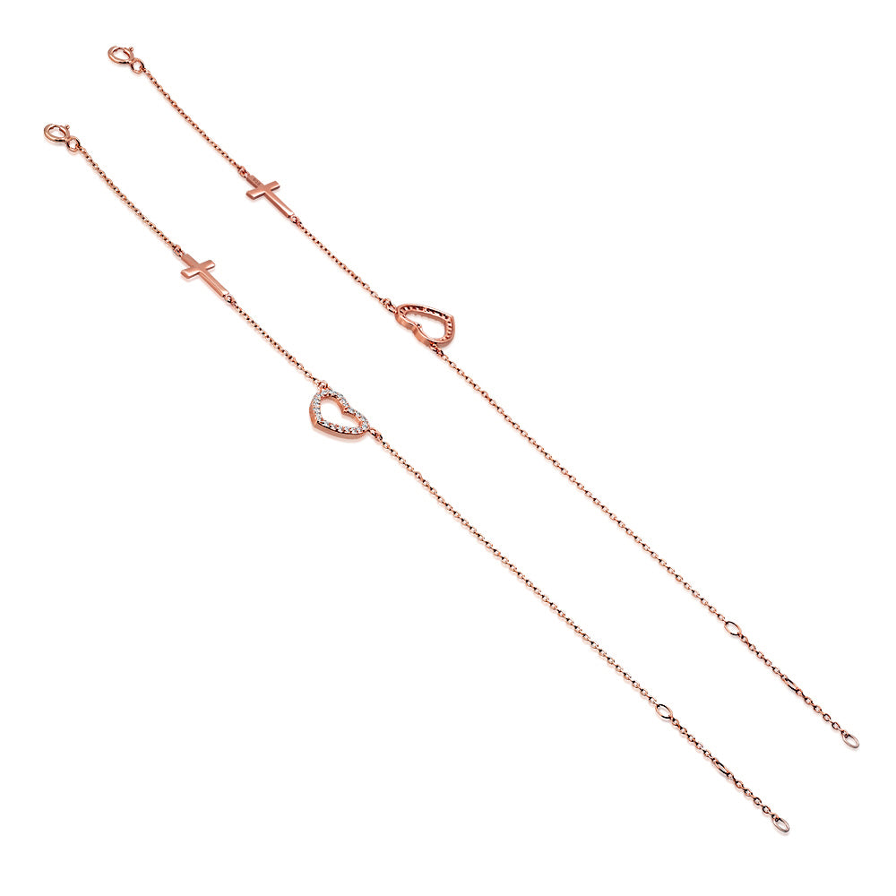 925 Sterling Silver Rose Gold-Tone Love Heart Cross Charm White CZ Link Chain Bracelet