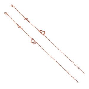 925 Sterling Silver Rose Gold-Tone Love Heart Cross Charm White CZ Link Chain Bracelet
